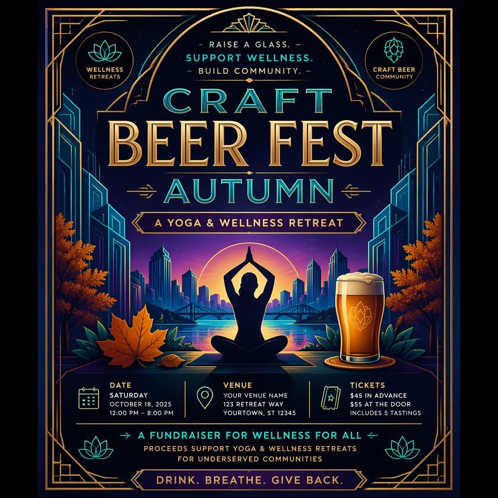 Art deco luxury event poster for an autumn craft beer wellness retreat in a cool neon palette with clean placeholder text.