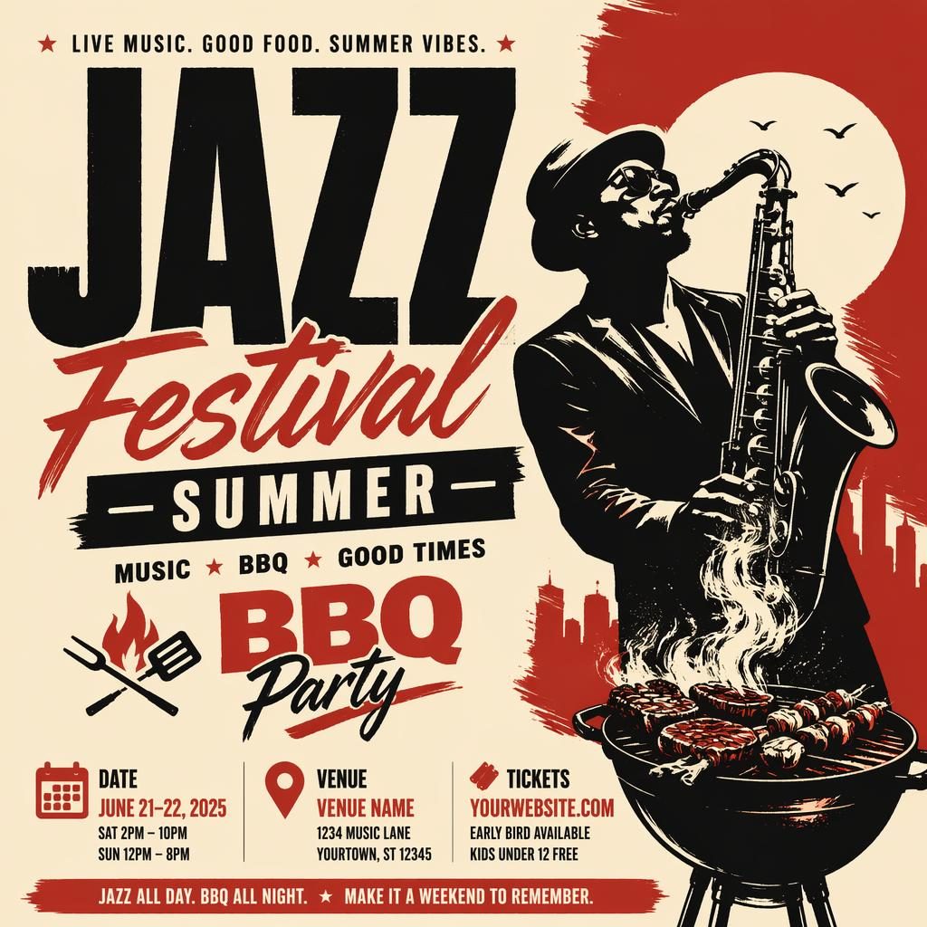 Modern editorial jazz festival summer poster in cream and red with bold typography and clean date and venue placeholders.