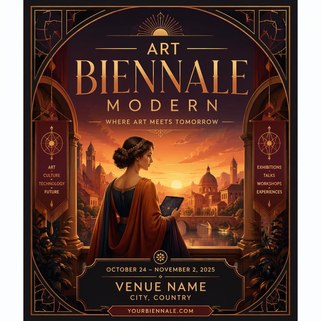 Art deco luxury event poster with a warm sunset palette, cozy modern layout, and clean English placeholder text for name, date, and venue.