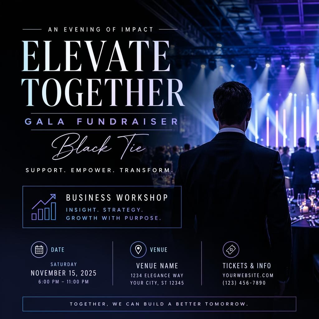 Photographic event poster with a black tie gala fundraiser scene, cool neon lighting, and clean placeholder text for date and venue.