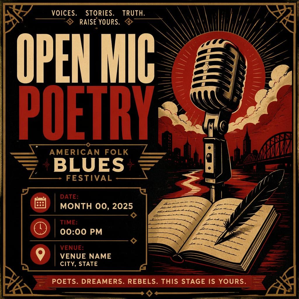 Art deco event poster for an open mic poetry concert in vintage cream and red, with bold typography and clean date and venue placeholders.