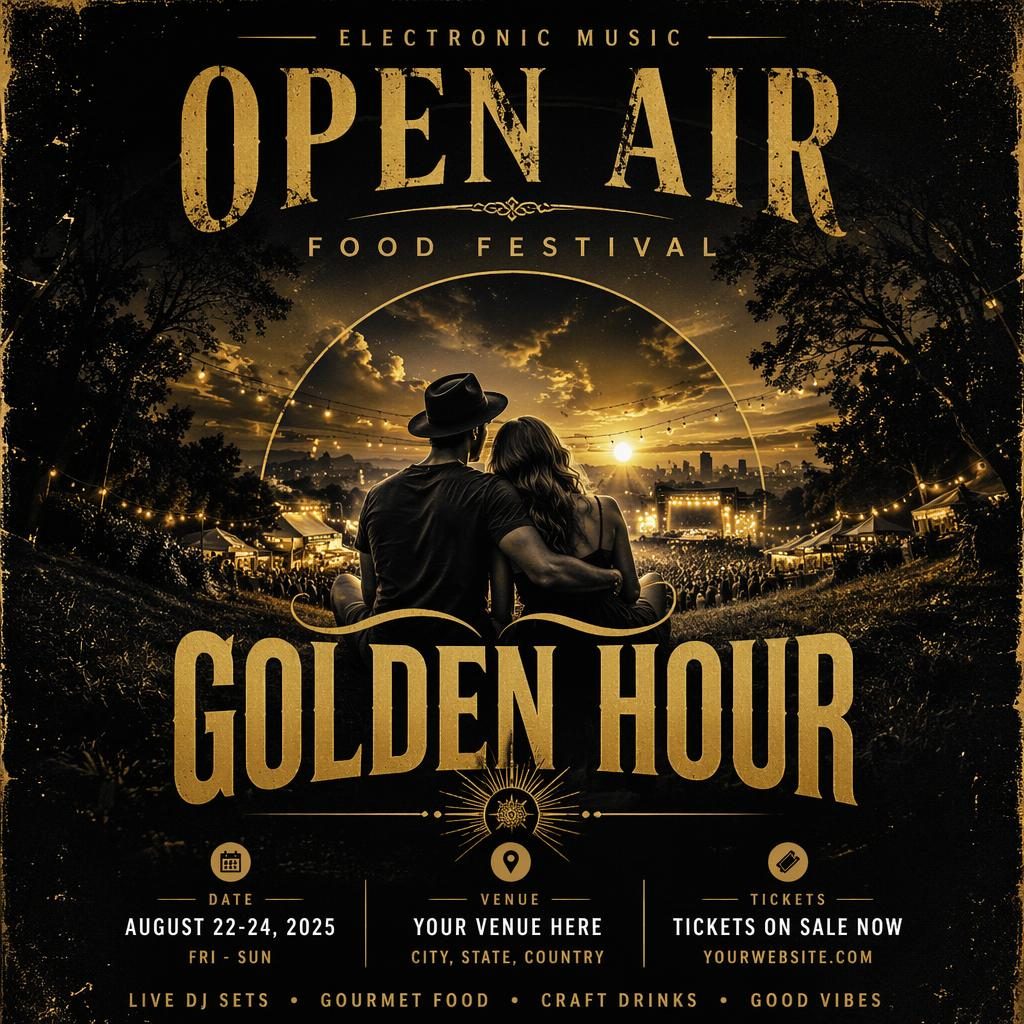Grunge-style event poster for an electronic music open air food festival in black and gold with dreamy romantic visuals.