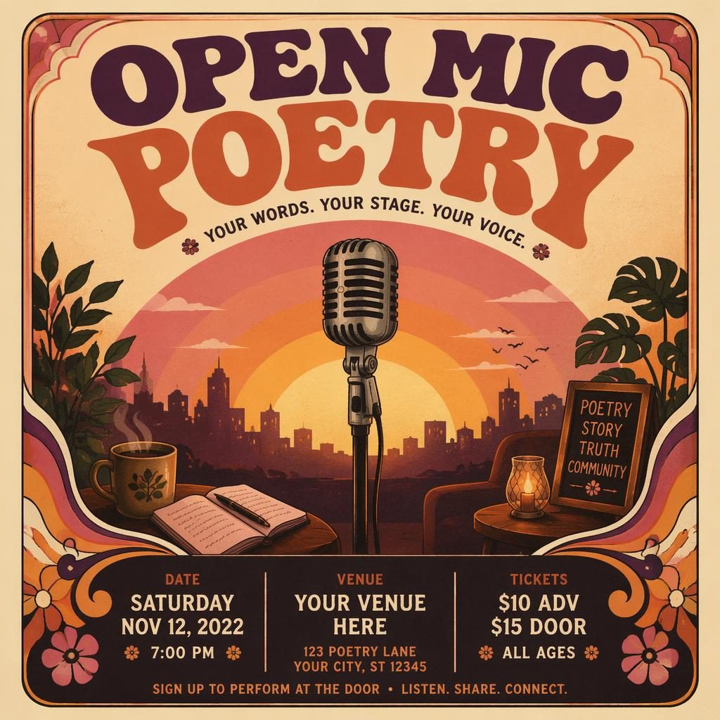 Vintage 1960s-style event poster for an open mic poetry night at a tech conference in warm sunset colors.
