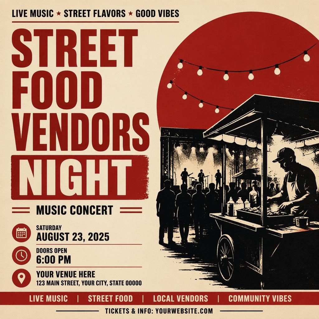 Minimalist Swiss-style concert poster for Street Food Vendors Night in cream and red with bold typography and clear placeholders.