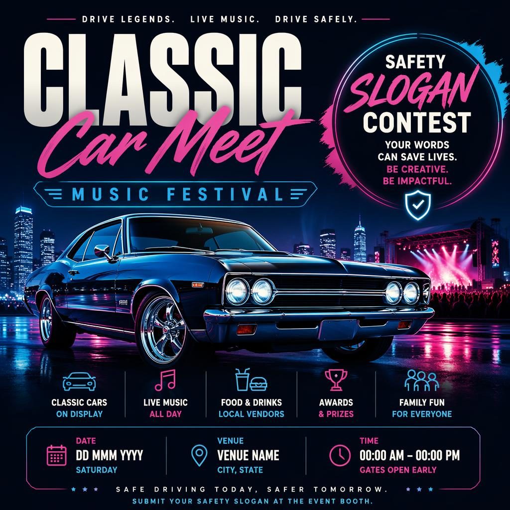 Event poster: classic car meet. Event kind: music festival. Poster style: modern editorial, professional formal mood, co