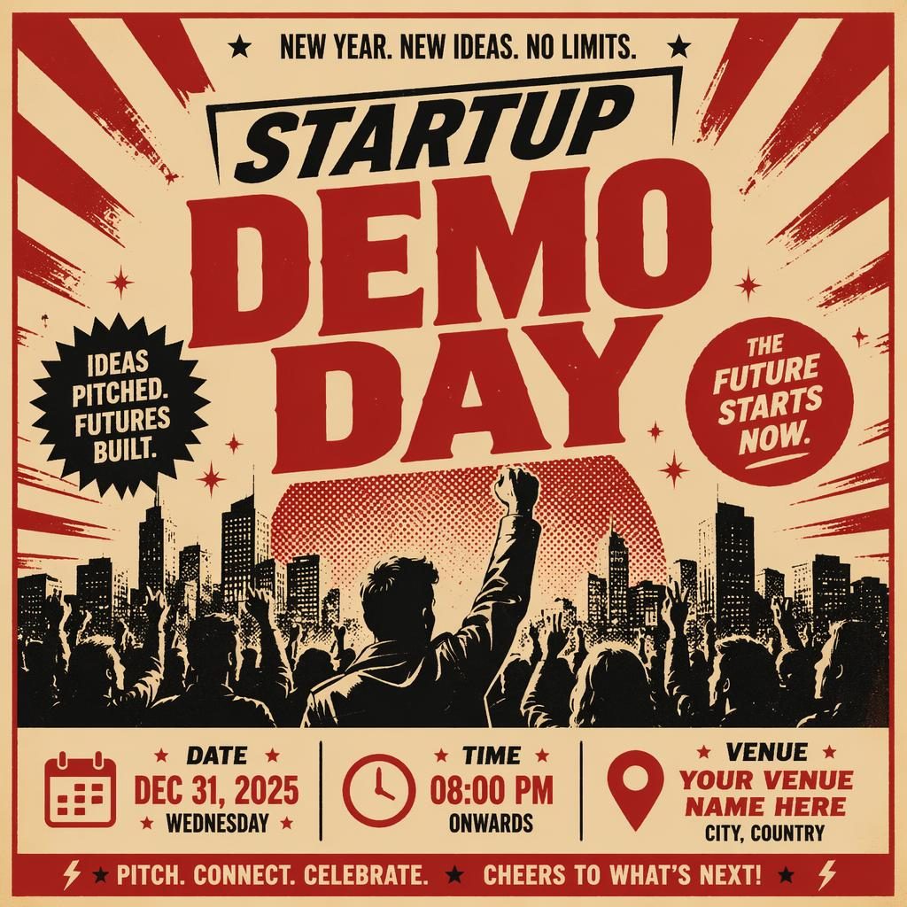 Cartel de startup demo day con estética vintage de los 60, tonos crema y rojo, jerarquía fuerte y texto de fecha y lugar.