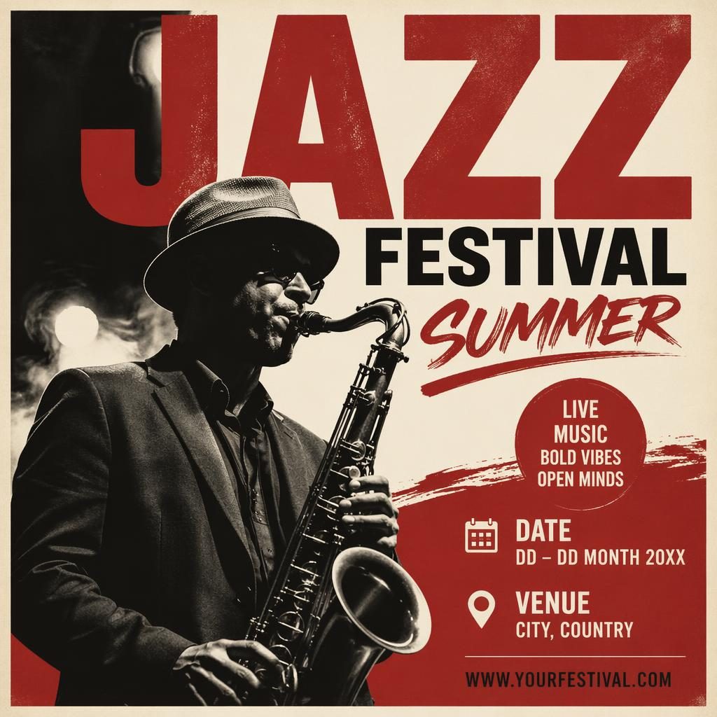 Affiche photo d’événement style jazz d’été, palette crème et rouge, overlay audacieux, texte anglais net pour nom, date et lieu.
