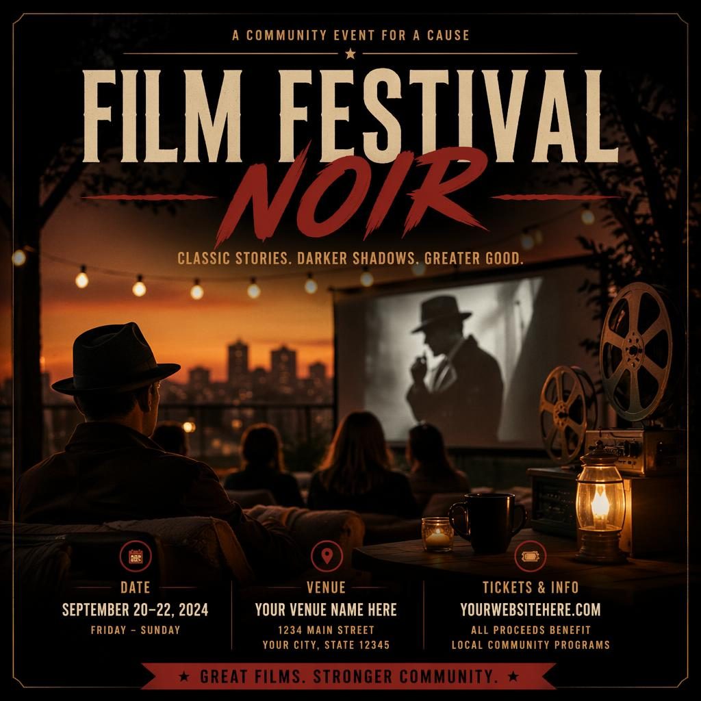 Photographic noir-style charity film festival poster with warm sunset tones, cozy mood, and clean event placeholders.