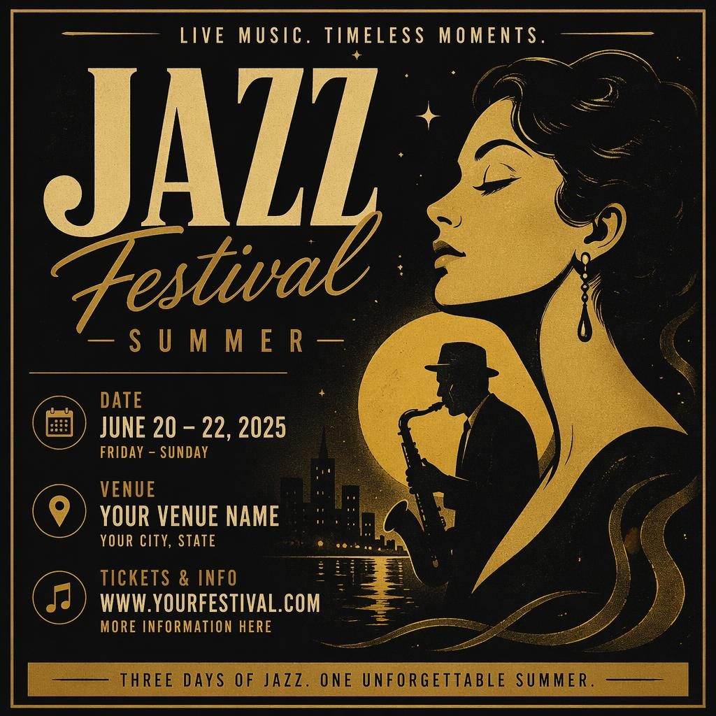 Vintage 1960s-style jazz festival summer poster in black and gold with dreamy romantic mood and clear event text placeholders.