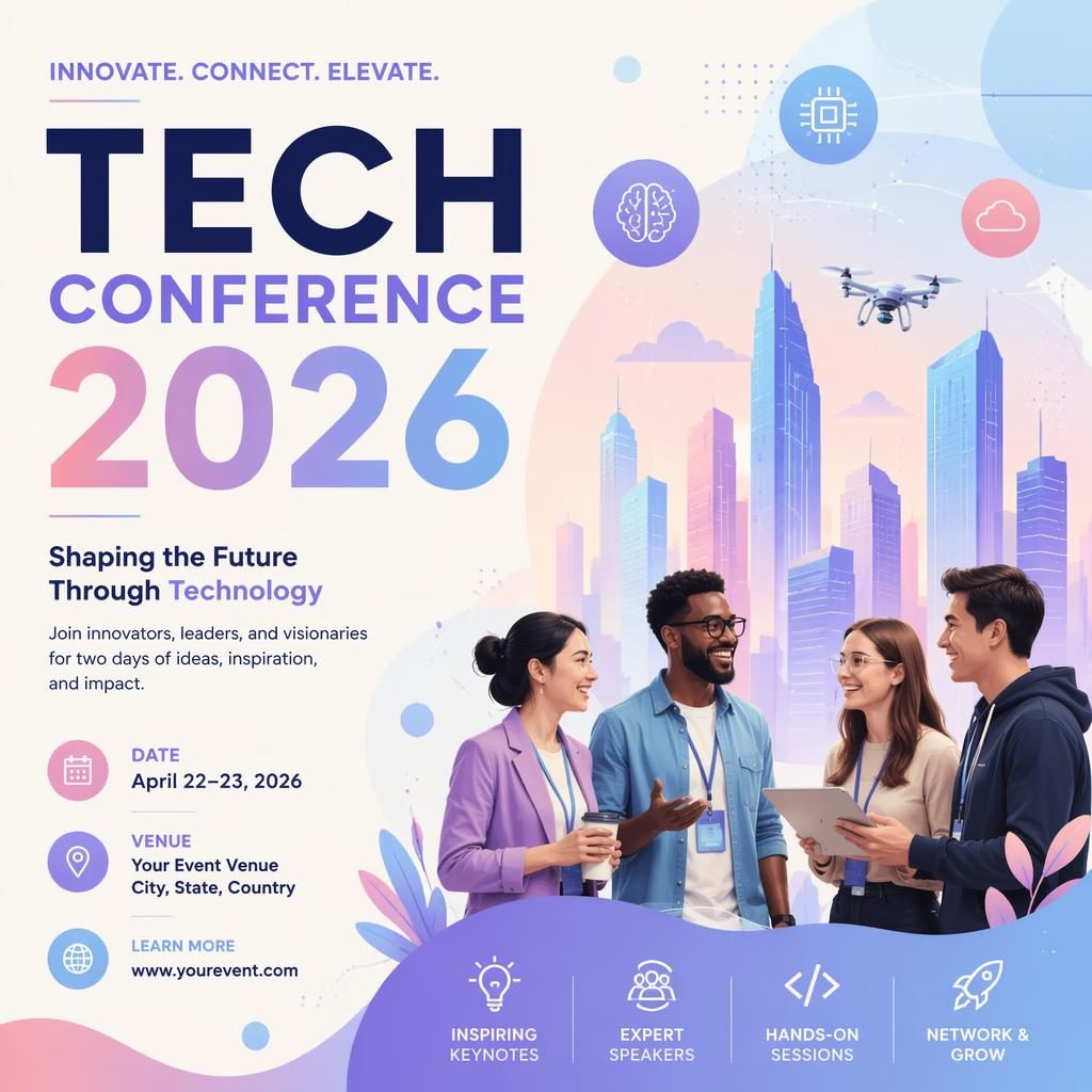 Modern editorial event poster for Tech Conference 2026 with pastel colors, joyful mood, and sharp date and venue placeholder text.
