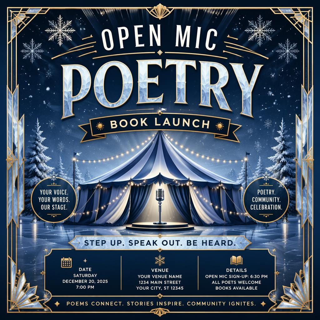 Art deco luxury event poster for an open mic poetry book launch in a winter ice palette with festive accents and sharp placeholder text.