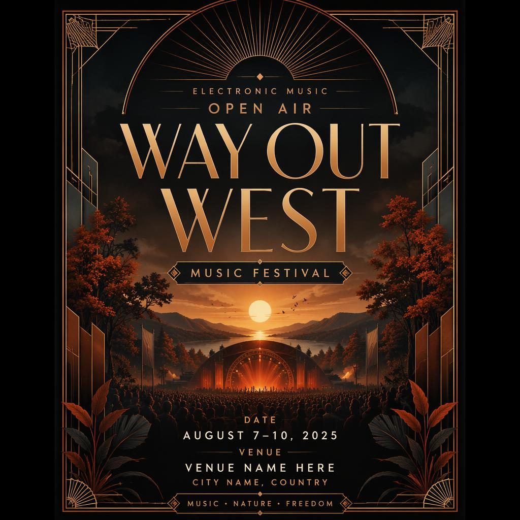 Art deco luxury event poster for an electronic music open air festival in dark autumn rust tones with sharp placeholder text