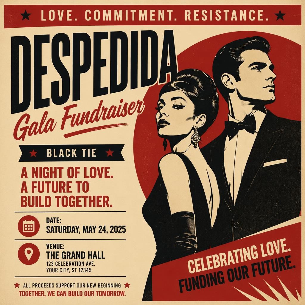 Cartel de evento para gala de boda black tie, estilo póster rebelde de los años 60 en crema y rojo, con texto en inglés.