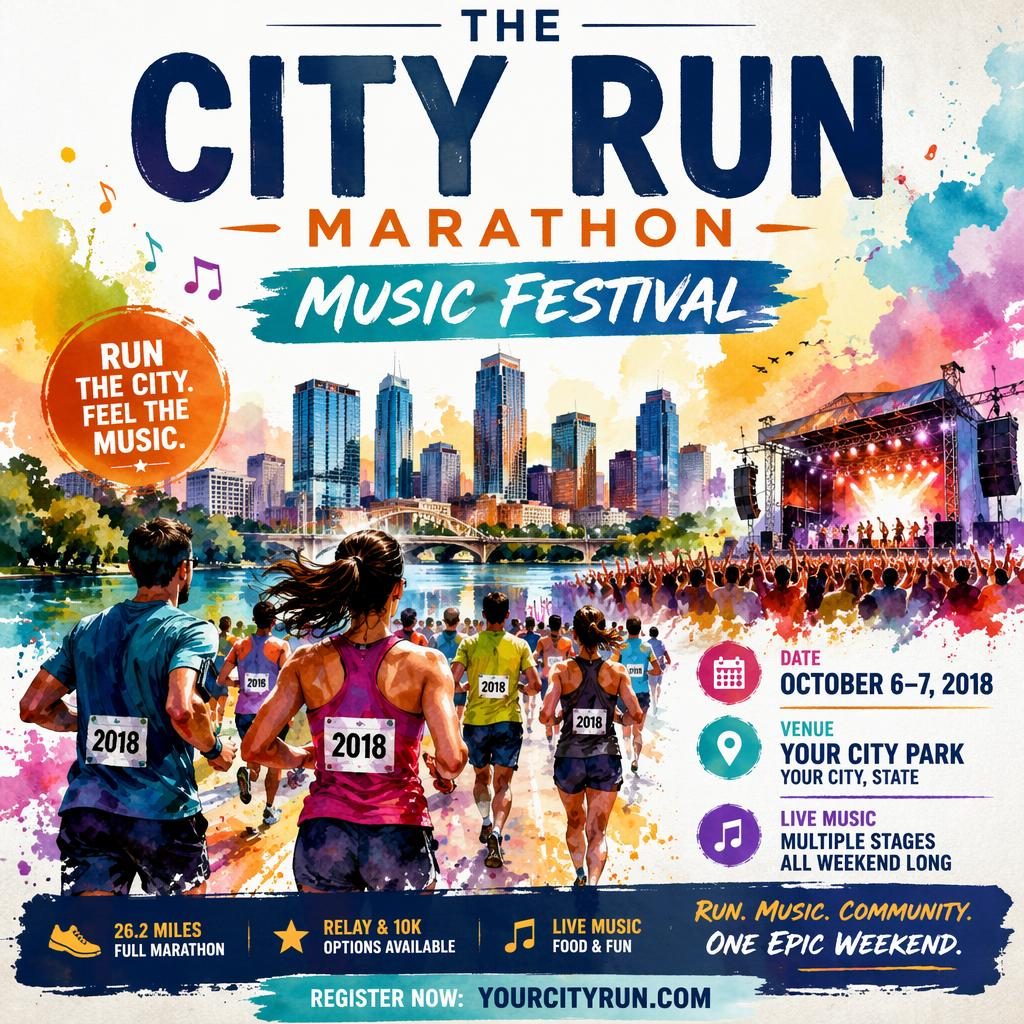Watercolor event poster for a marathon city run with festive music festival styling, bold colors, and clean placeholder text.