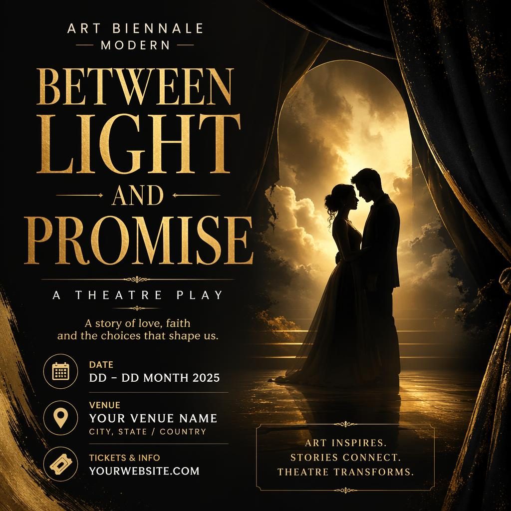 Modern theatre event poster with bold typography, dreamy romantic mood, and elegant black and gold layout.