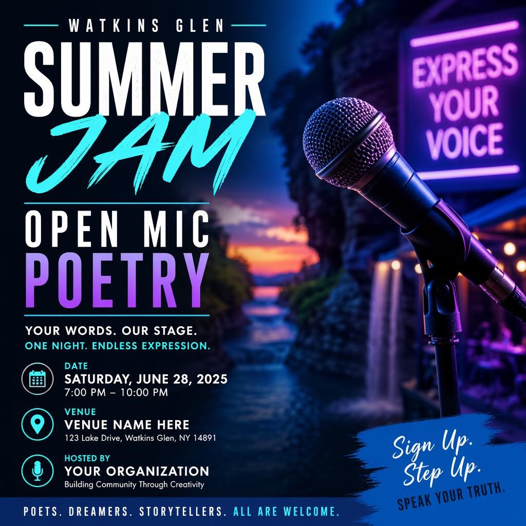 Photographic event poster for an open mic poetry business workshop with cool neon overlay and clean placeholder text.