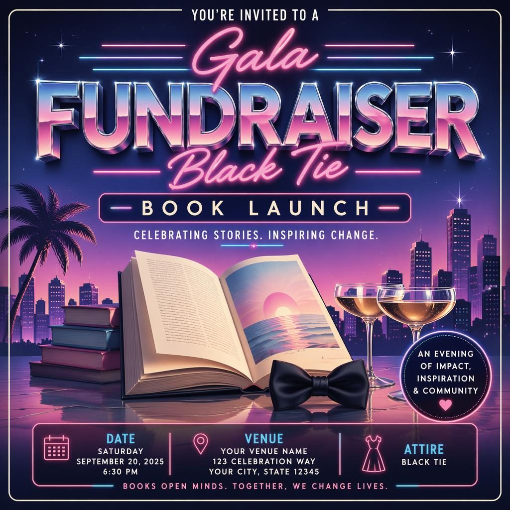Retro 1980s neon event poster for a black-tie gala book launch with pastel colors and sharp English placeholder text.
