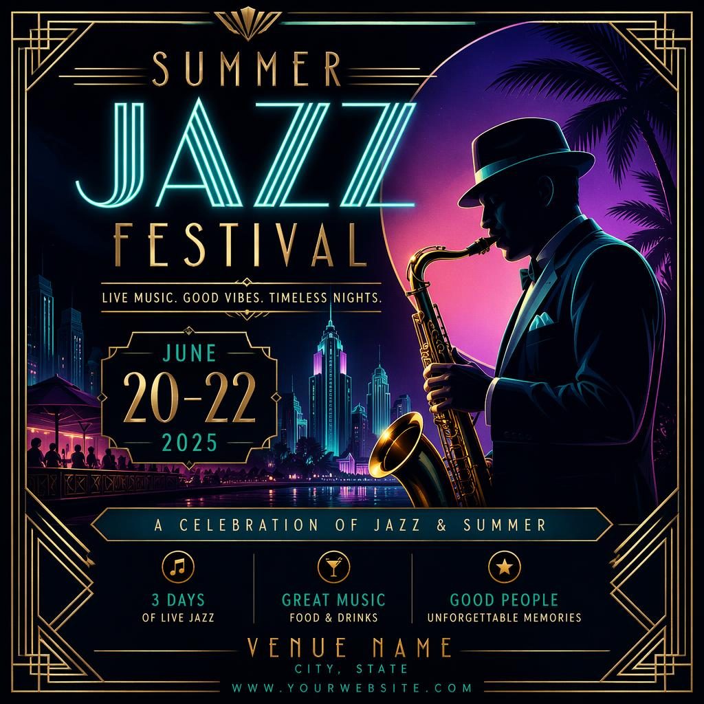 Art deco luxury event poster for a summer jazz festival party, with cool neon colors and sharp English placeholder text.