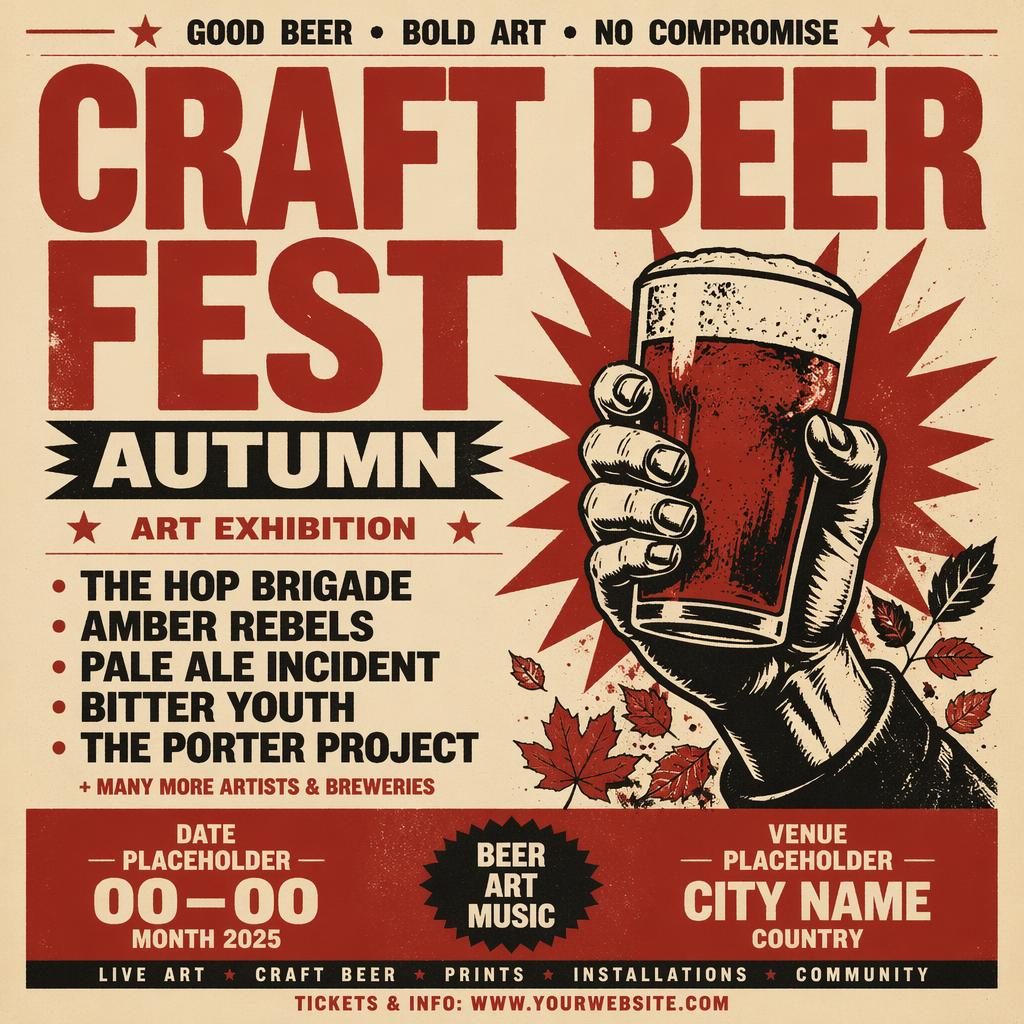 Vintage 1960s-style event poster for a craft beer fest autumn art exhibition in cream and red with bold readable text.