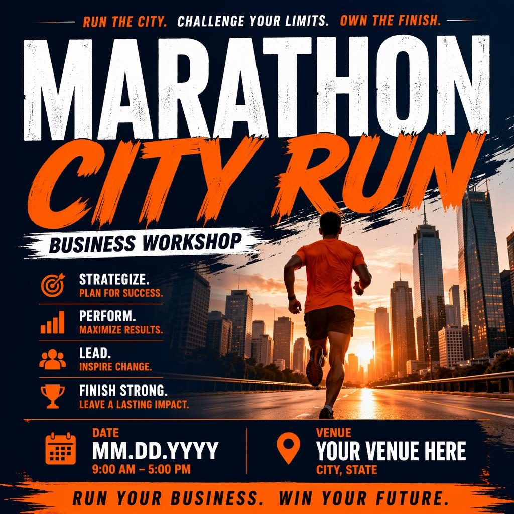 Bold event poster for Marathon City Run with sharp placeholder date and venue text, energetic typography, and high-contrast colors.