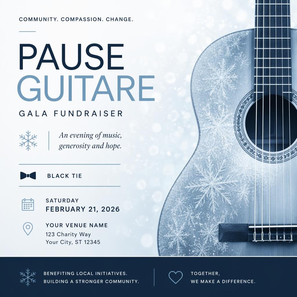 Affiche minimaliste suisse d’un gala caritatif black tie, palette hivernale glacée, texte de date et lieu net.