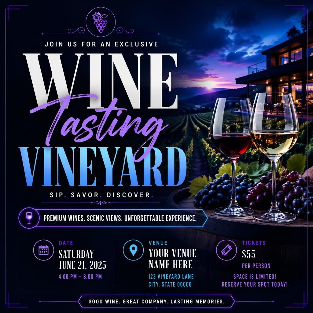 AI event poster showing a wine tasting vineyard sports event with bold typography, cool neon colors, and clean date and venue placeholders.