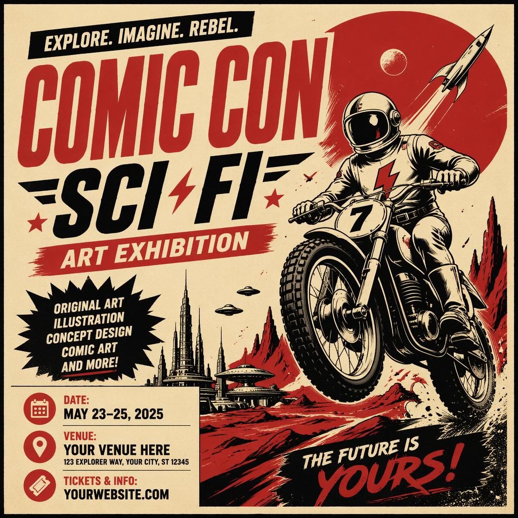 Vintage 1960s-style sci-fi comic con art exhibition poster in cream and red with bold typography and clean event placeholders.