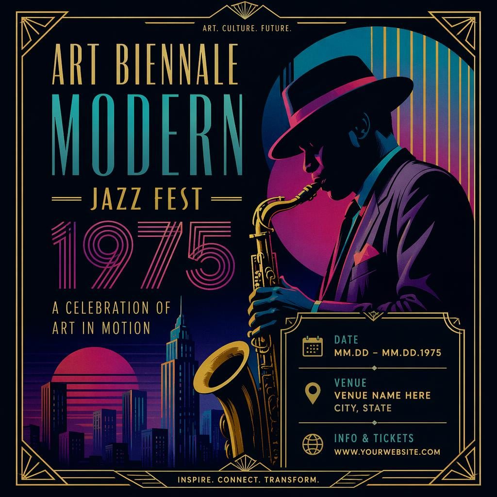 Modern art biennale party poster in luxe Art Deco style with cool neon colors and sharp event name, date, and venue text.