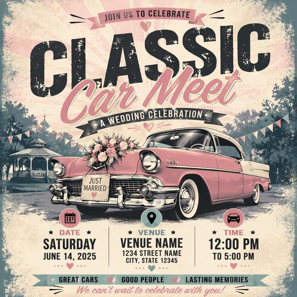Grunge-style wedding event poster with a classic car meet theme, pastel palette, joyful mood, and clean placeholder text.