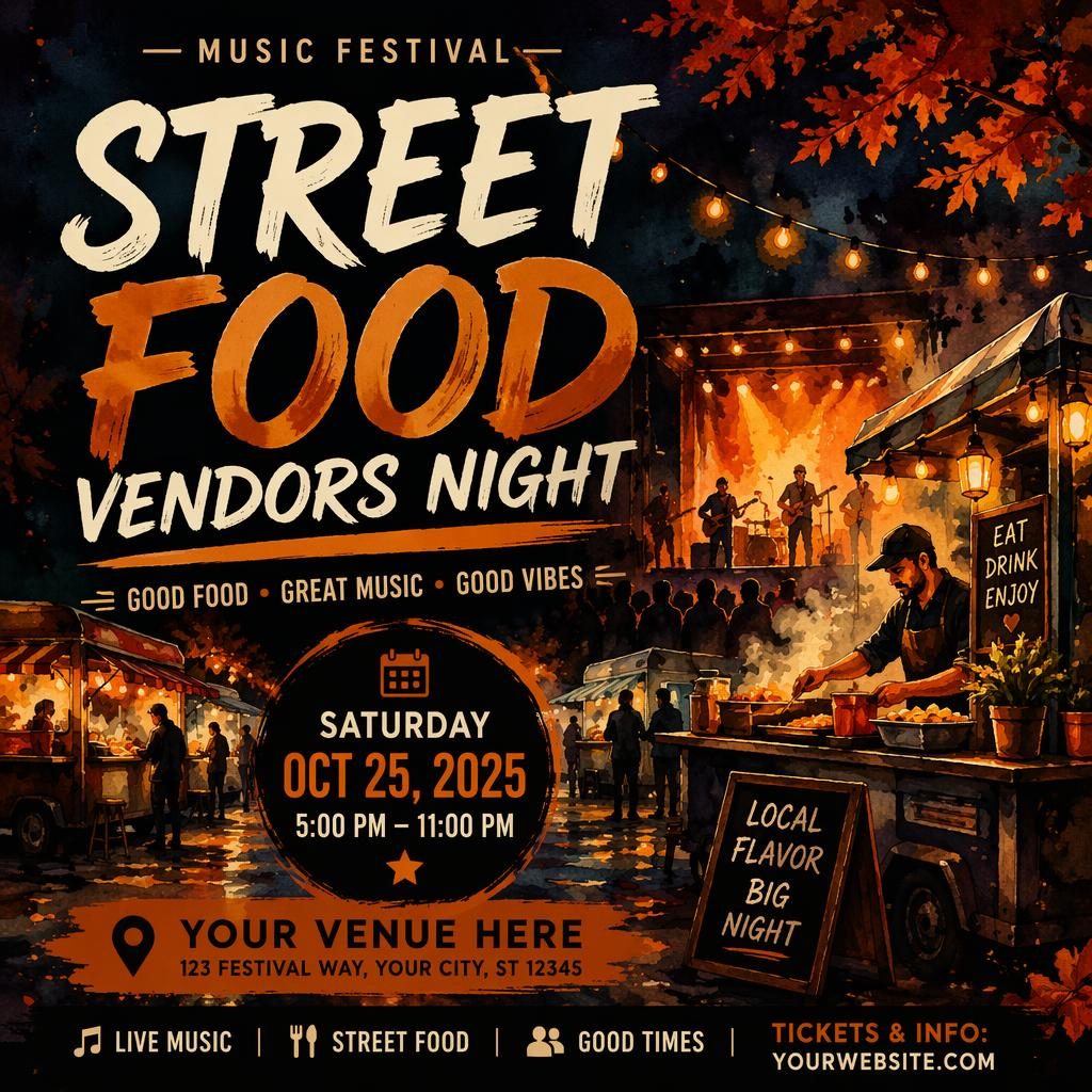 Watercolor event poster of a night street food vendors music festival in dark autumn rust tones with clean placeholder text.