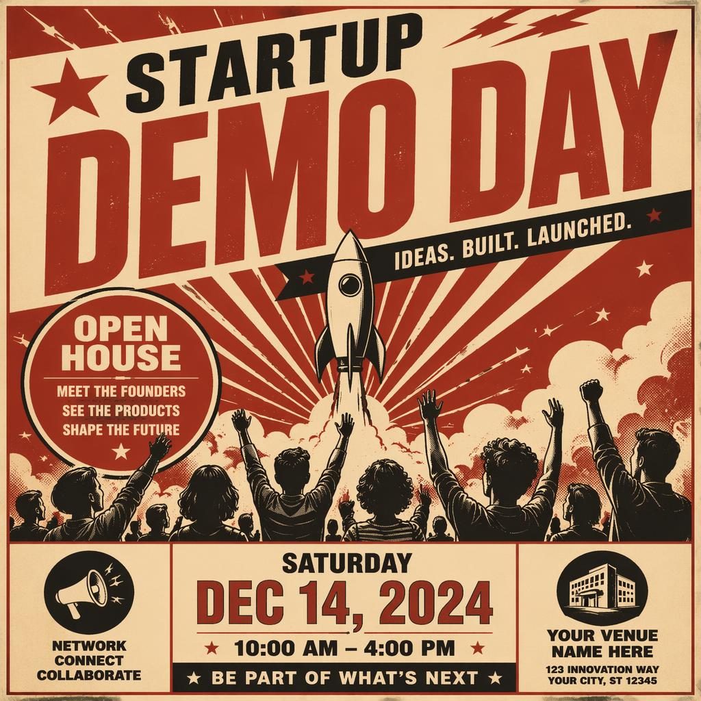 Vintage 1960s-style startup demo day poster in cream and red with bold typography and clear event name, date, venue placeholders.
