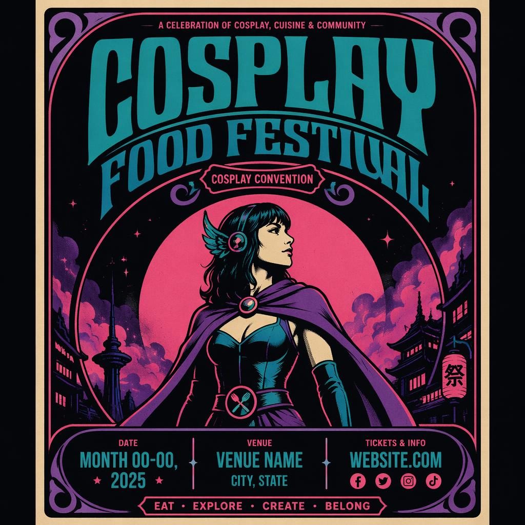 Vintage 1960s-style cosplay convention poster with cool neon colors, formal layout, and sharp event date and venue text.