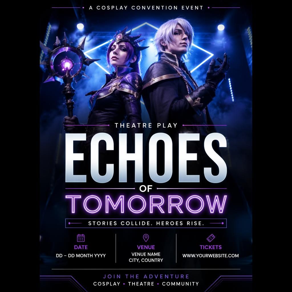 Affiche photo de convention cosplay pour une pièce de théâtre, palette néon froide, texte anglais net pour nom, date et lieu.