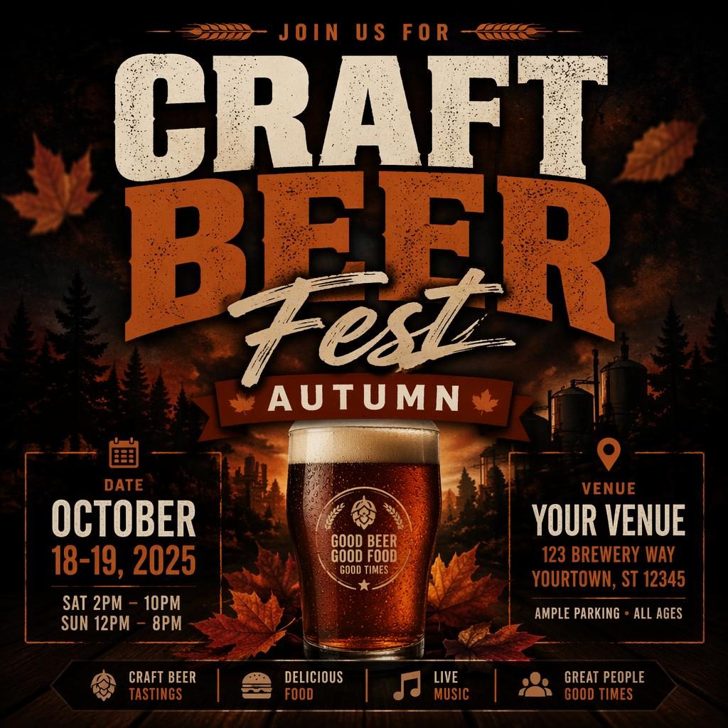 Dark autumn craft beer festival poster with bold typography, rust palette, and clean placeholder date and venue text.