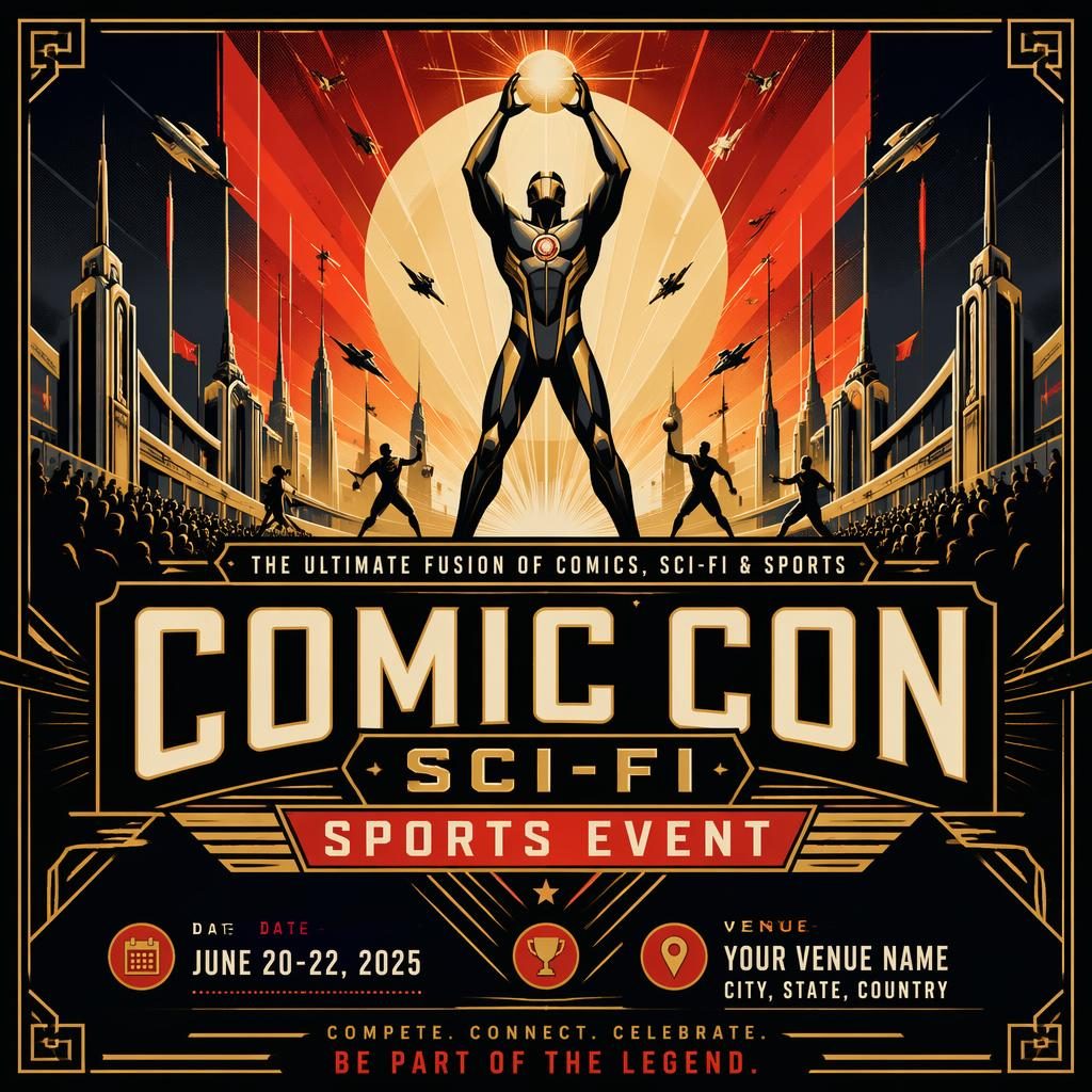 Affiche d’événement sci-fi façon comic con, style art déco luxueux, palette contrastée, texte fictif net pour nom, date et lieu.