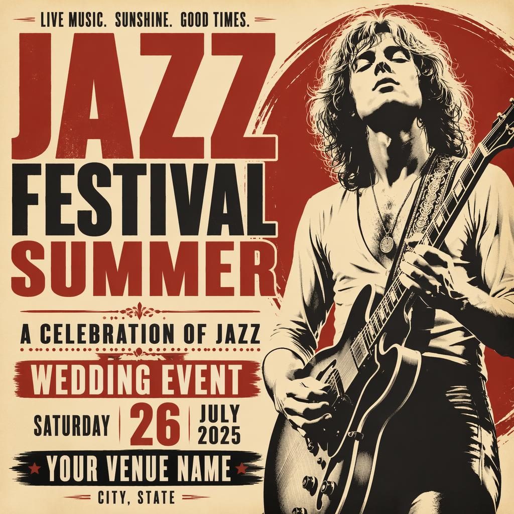 Vintage cream and red wedding event poster with bold jazz festival typography, rebellious layout, and clean date venue text.