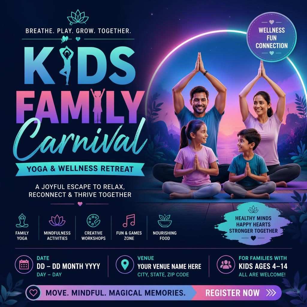 Modern editorial event poster for a kids family carnival yoga wellness retreat in a cool neon palette with clean placeholder text.