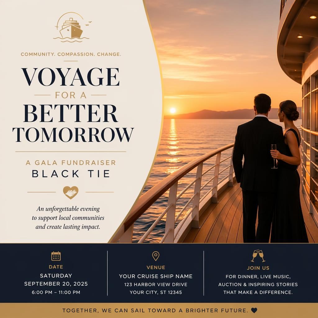Minimalist Swiss-style gala fundraiser poster with black-tie theme, warm sunset tones, and clean event text placeholders.