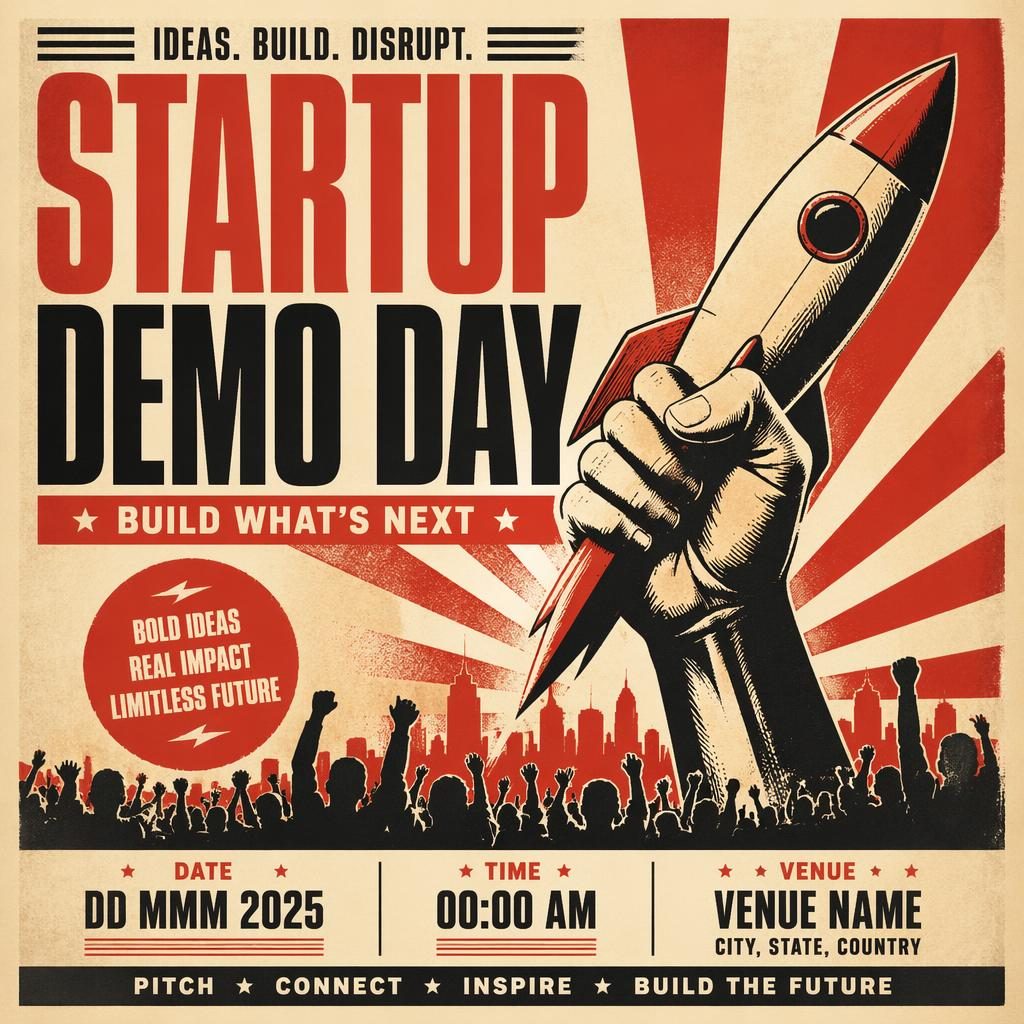 Vintage 1960s-style festival poster for a startup demo day book launch in cream and red with bold typography placeholders.