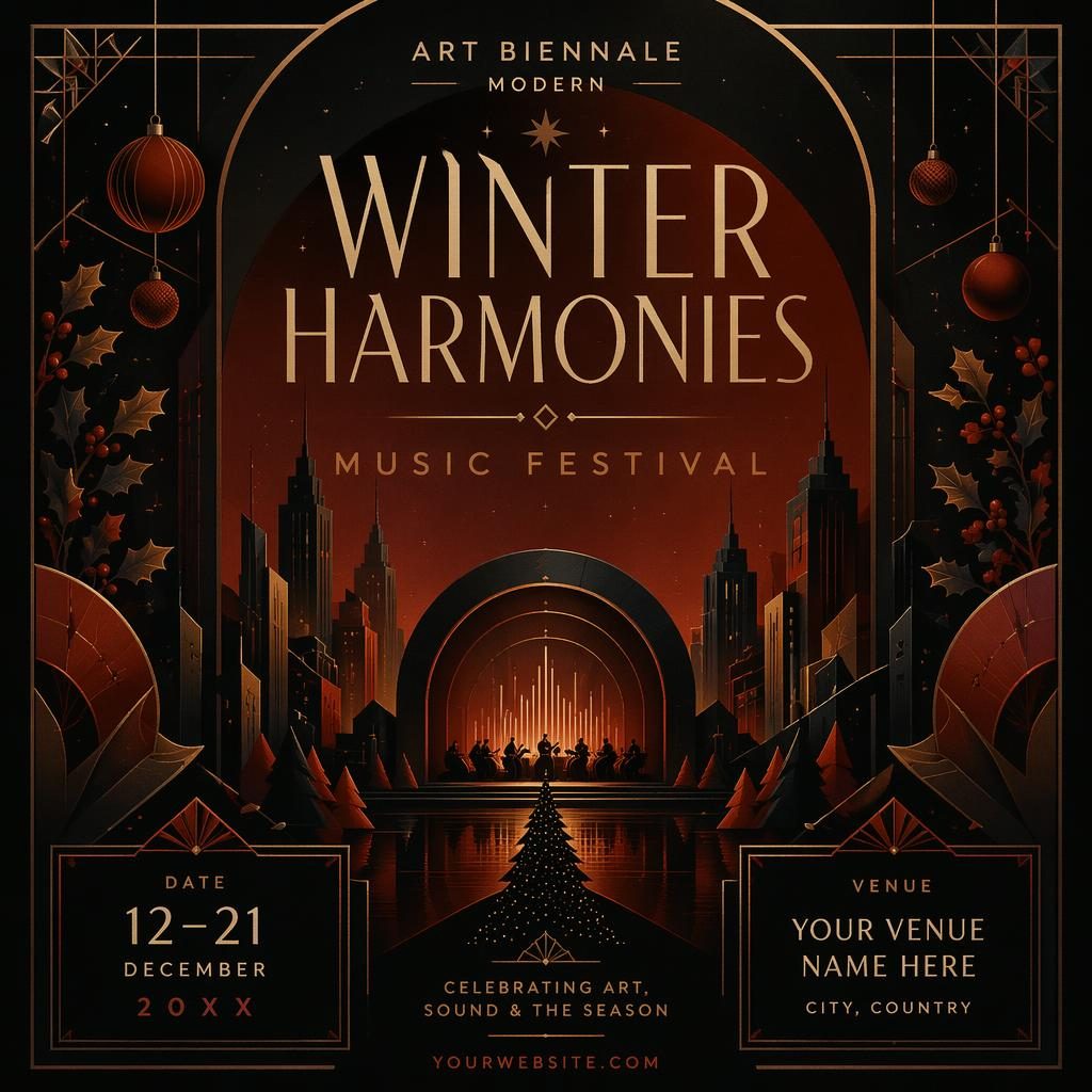 Póster de festival de música estilo art déco de lujo, tonos óxido otoñales, ambiente oscuro y texto de evento legible.