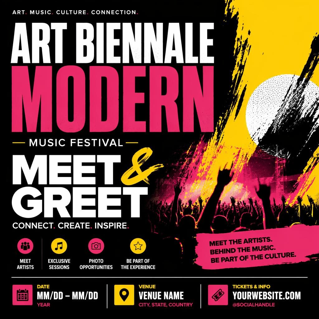 Modern music festival event poster with bold typography, high-contrast colors, and clean placeholder text for name, date, and venue.