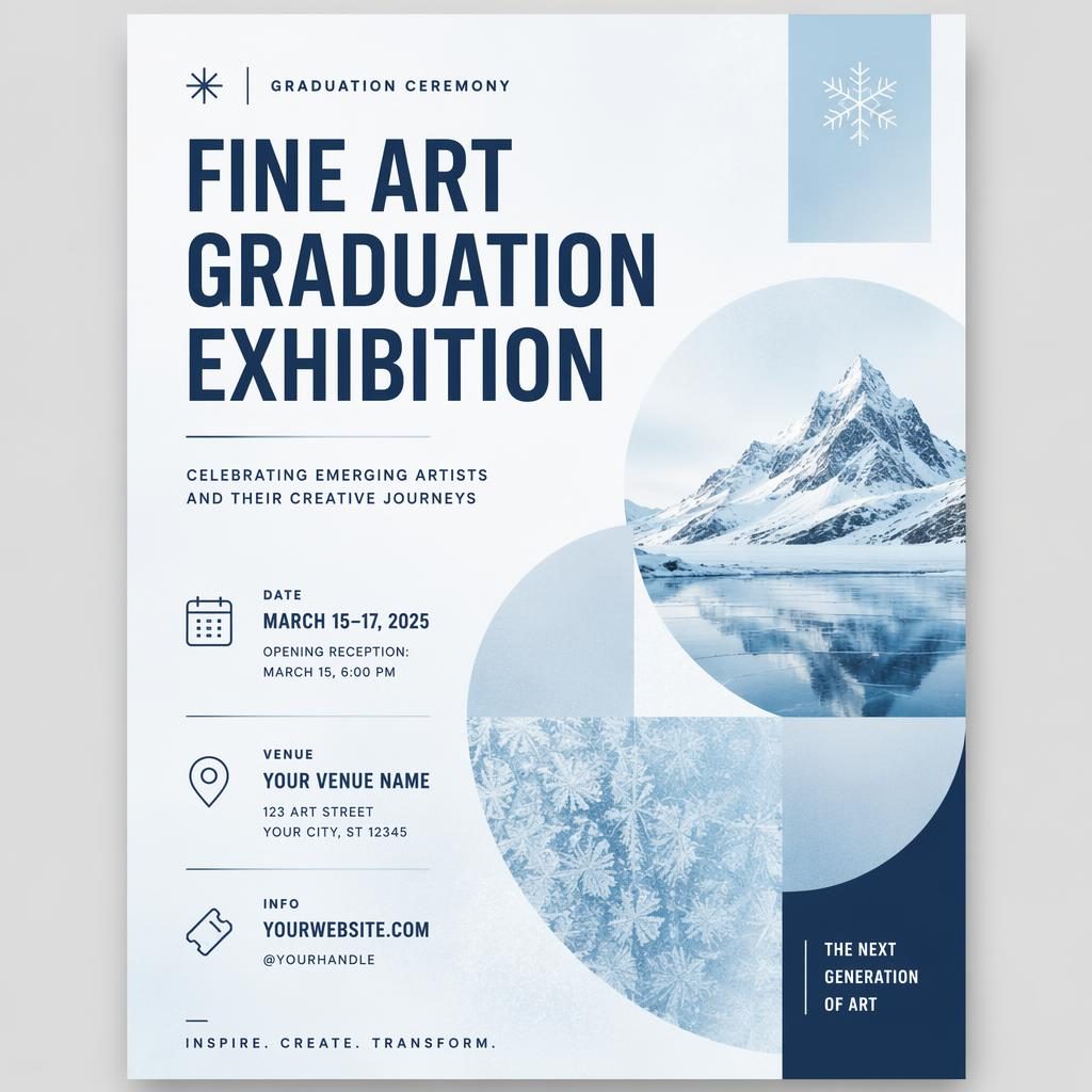 Minimalistisches Eventposter zur Abschlussfeier im Swiss-Stil mit winterlicher Eisfarbpalette und klar lesbarem Platzhaltertext.