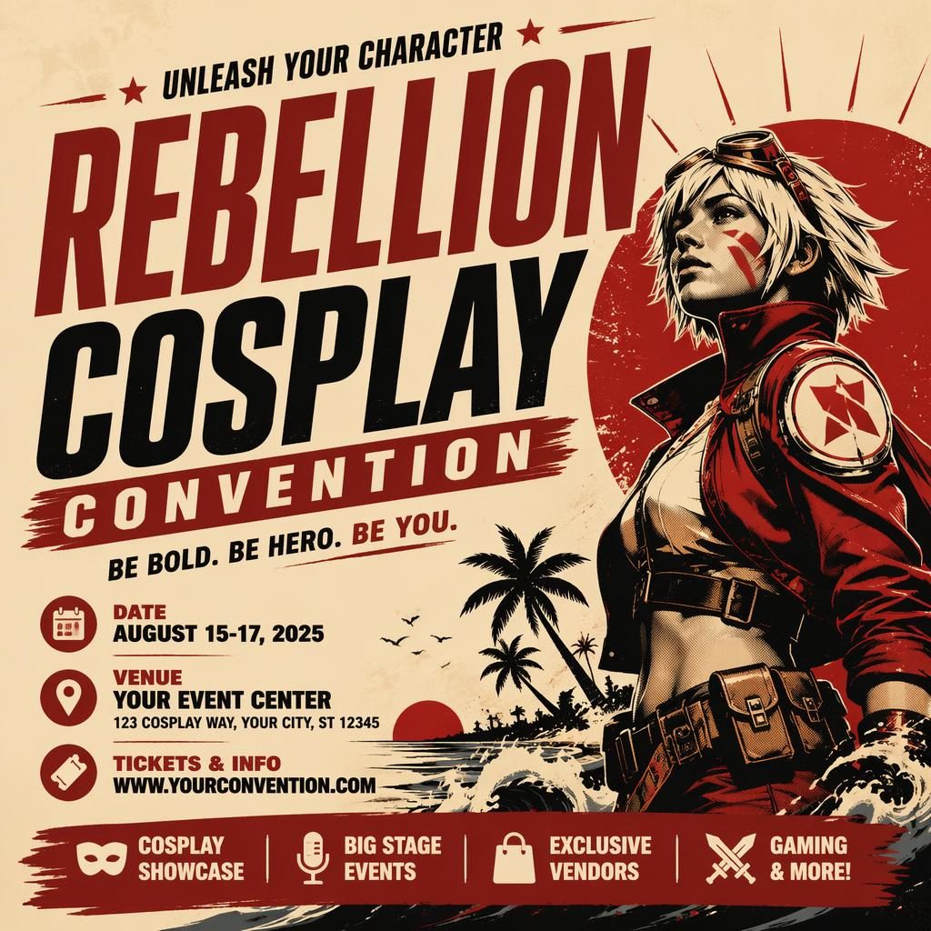 AI event poster with bold typography, vintage cream and red palette, rebellious mood, and sharp placeholder event text.