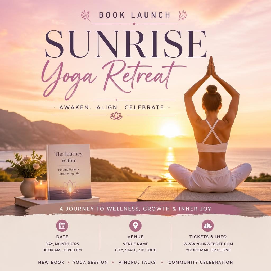 Póster fotográfico con amanecer, retiro de yoga, textos de evento en inglés y diseño pastel alegre para lanzamiento.