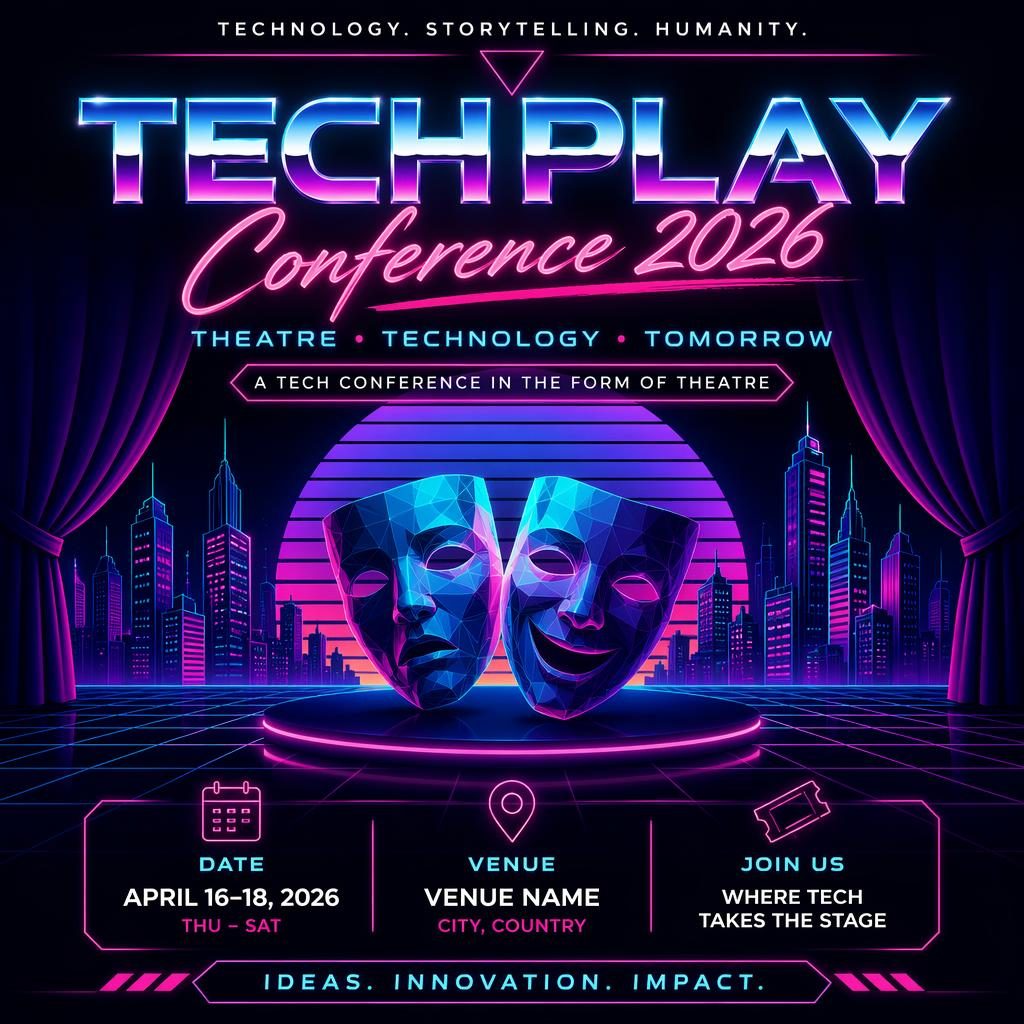Retro neonový festival plakat pro tech conference 2026, formální 80. léta, čitelné místo pro název, datum a venue.