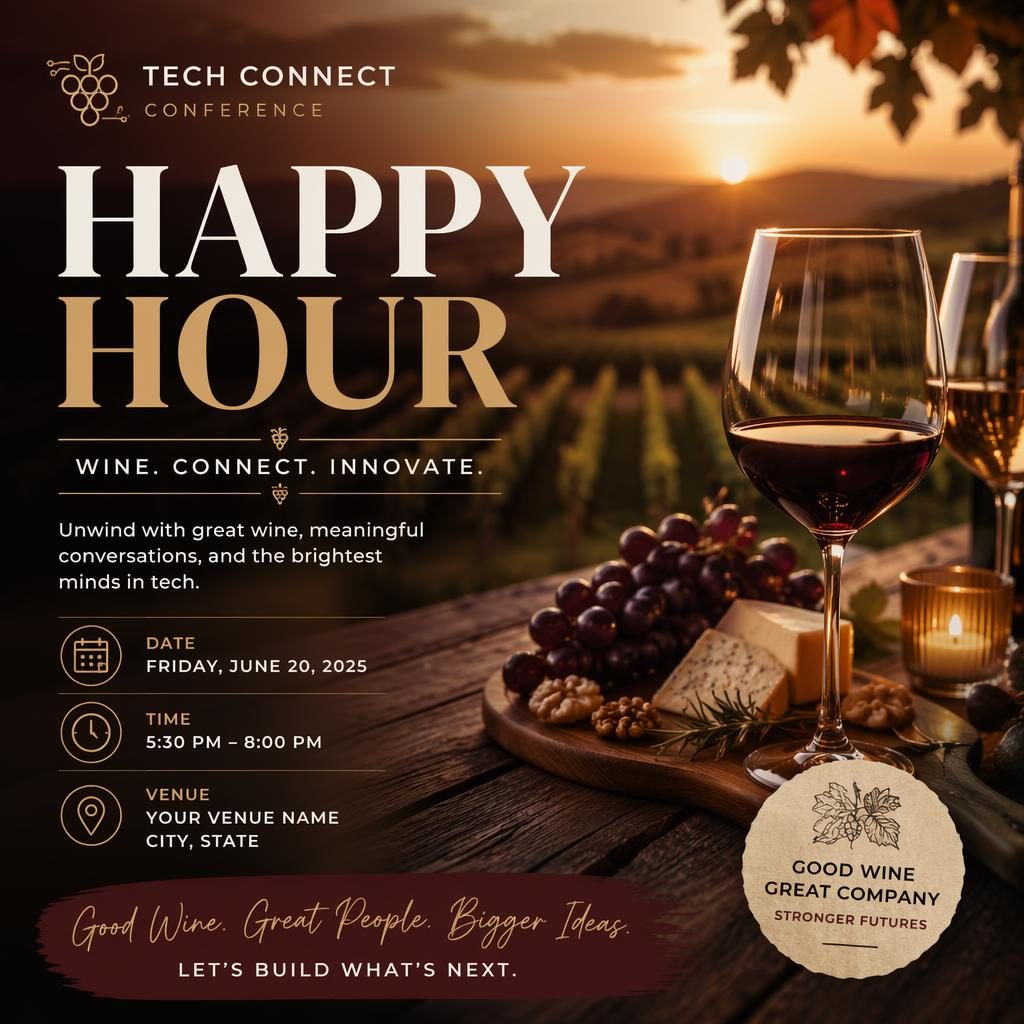 Modern editorial event poster showing a cozy vineyard wine tasting scene at sunset with clean placeholder text for event name, date, and venue.