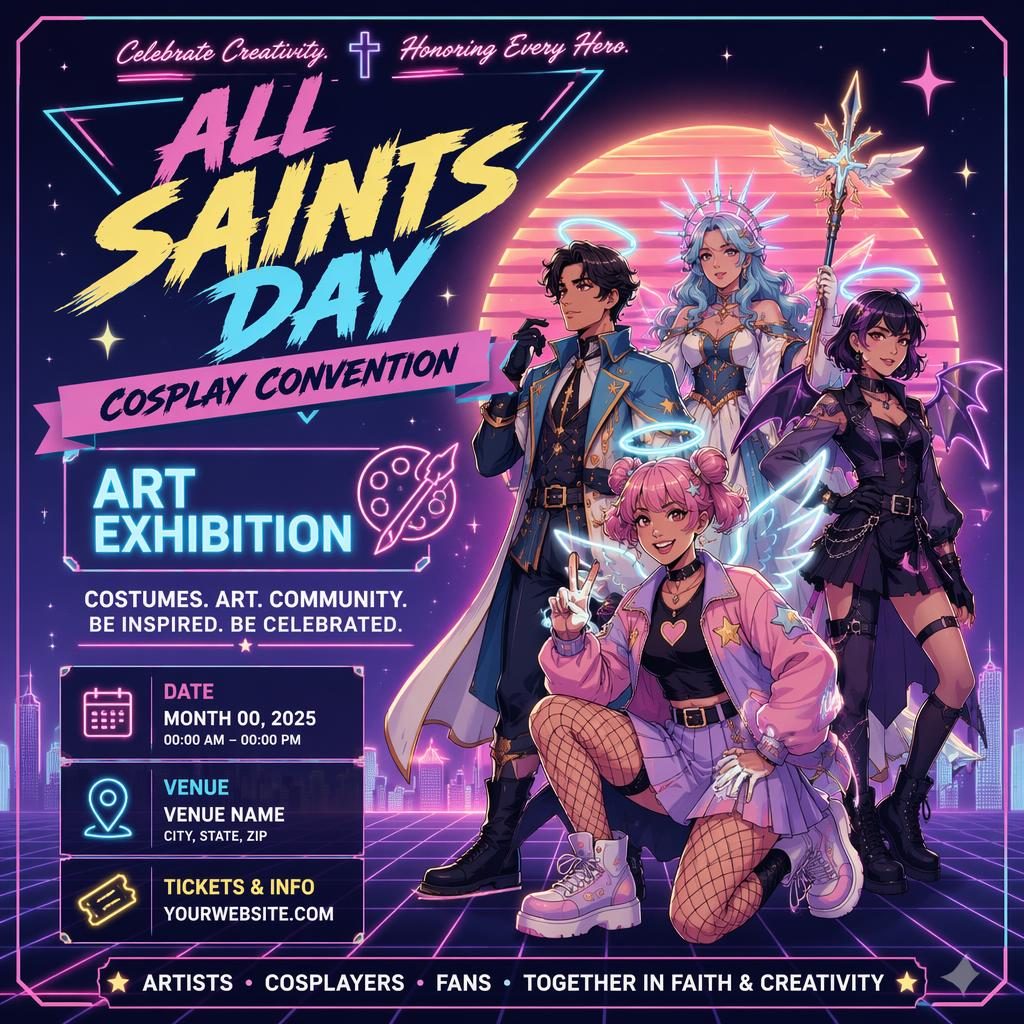 Retro 1980s neon cosplay convention poster with pastel palette, joyful art exhibition layout, and sharp English placeholder text.