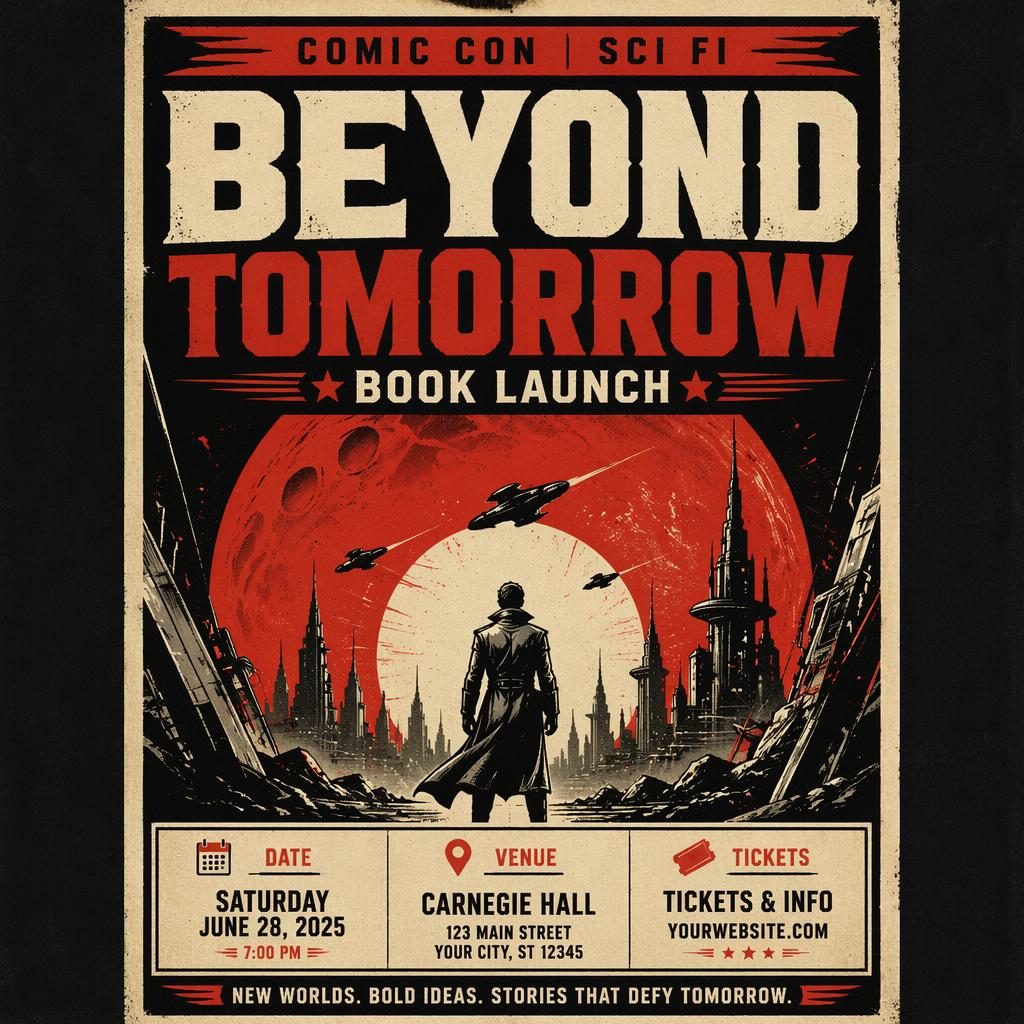 Grunge-style sci-fi comic con book launch poster in cream and red with bold typography and clean date and venue placeholders.