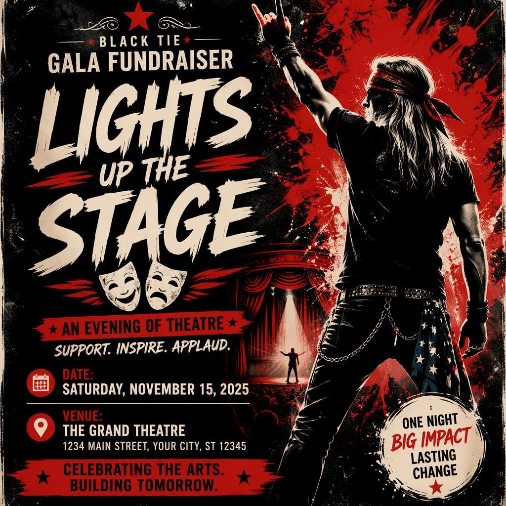 Grunge-style black-tie gala fundraiser theatre poster with bold high-contrast colors and sharp event, date, venue text.