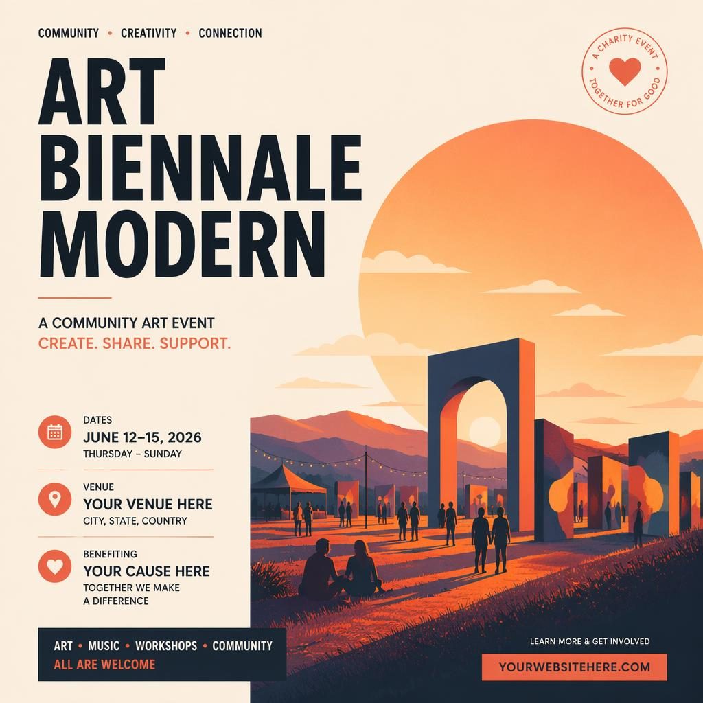Minimalist Swiss-style event poster for a modern art biennale with warm sunset tones and clean placeholder text.